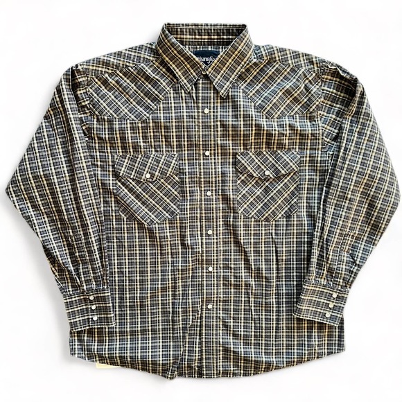 Vintage Wrangler Western Cowboy Button Down Rodeo Ranch Shirt XL Blue Green Tan